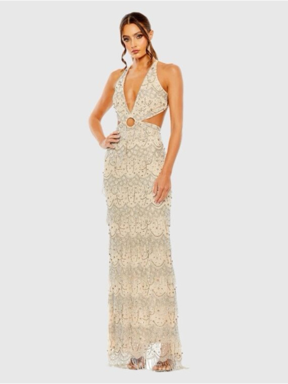 Mac Duggal 93956 Nude Open Back Cut Out Fringe Embellished Gown Size 4 NWT